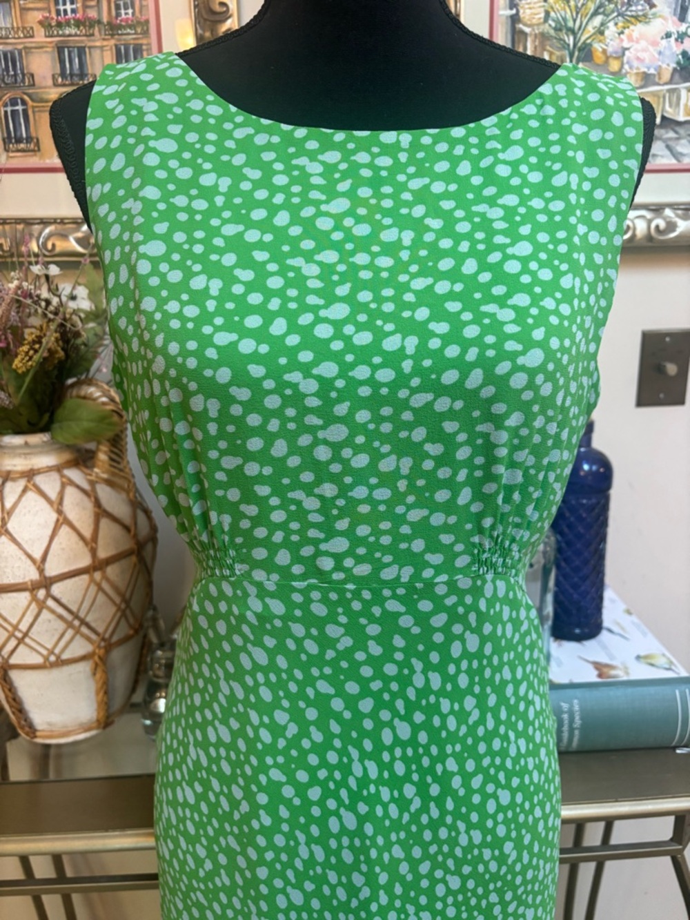 CYNTHIA HOWIE 100% Silk Sleeveless Green Dot Print Maxi Dress Fit & Flare Sz 12 - Picture 4 of 11